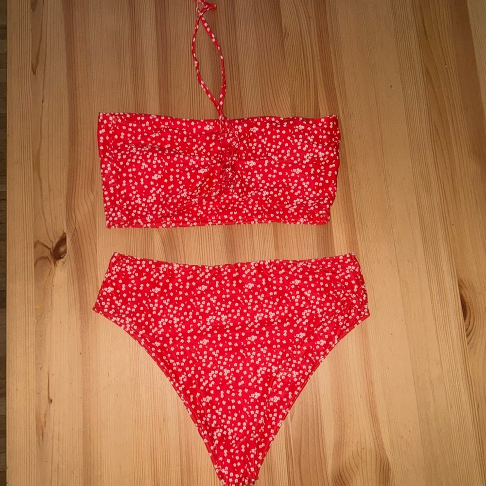 Red and white floral high waisted bikini